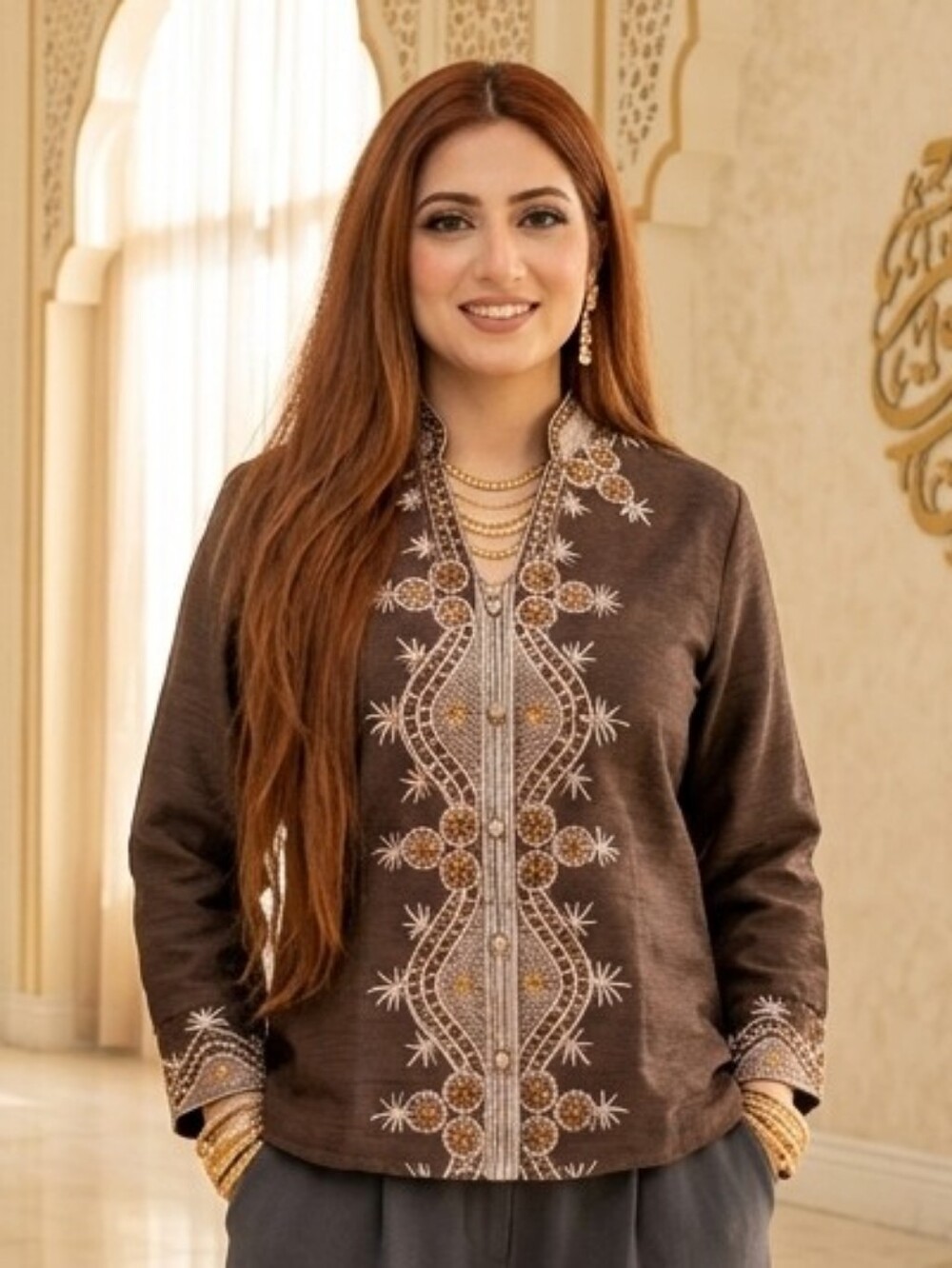 VINTAGE🤎SILK Ann Carson🤎Chocolate Brown Blouse/Jacketwith Rhinestone/Beaded LG